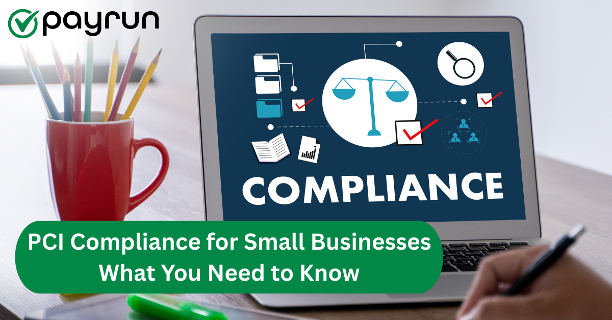 Laptop screen displaying PCI compliance graphic with icons and checklist, promoting compliance awareness for small businesses.
