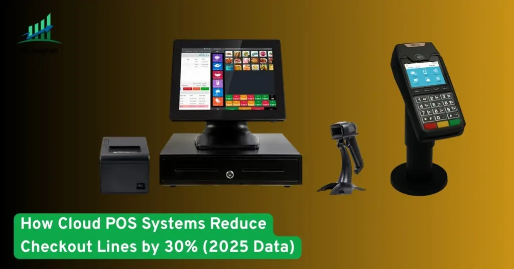 Modern cloud POS system setup with monitor, card reader, scanner, and receipt printer showing faster checkout solutions for businesses