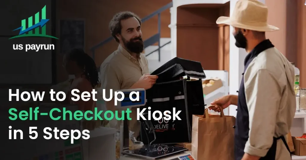 Cashier hands paper bag to smiling customer at counter, beside text on setting up a self-checkout kiosk in five steps
