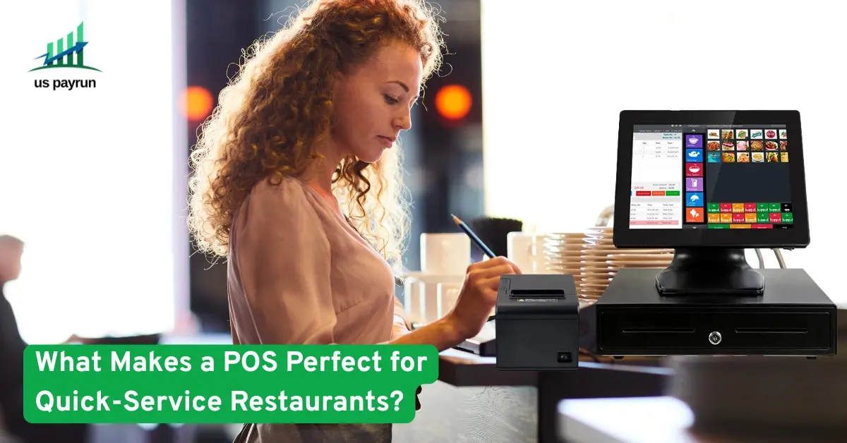 POS system setup for quick-service restaurants with cashier using modern touchscreen technology for fast and efficient service