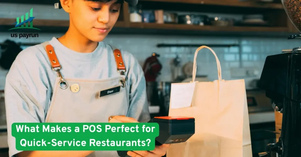 Cashier using a POS system to process an order at a quick-service restaurant with a paper bag ready for takeaway