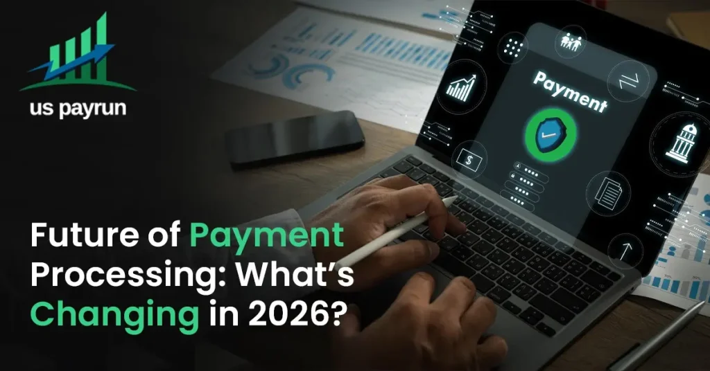 Person using laptop with digital payment interface, surrounded by finance icons, highlighting 2026 payment processing changes.