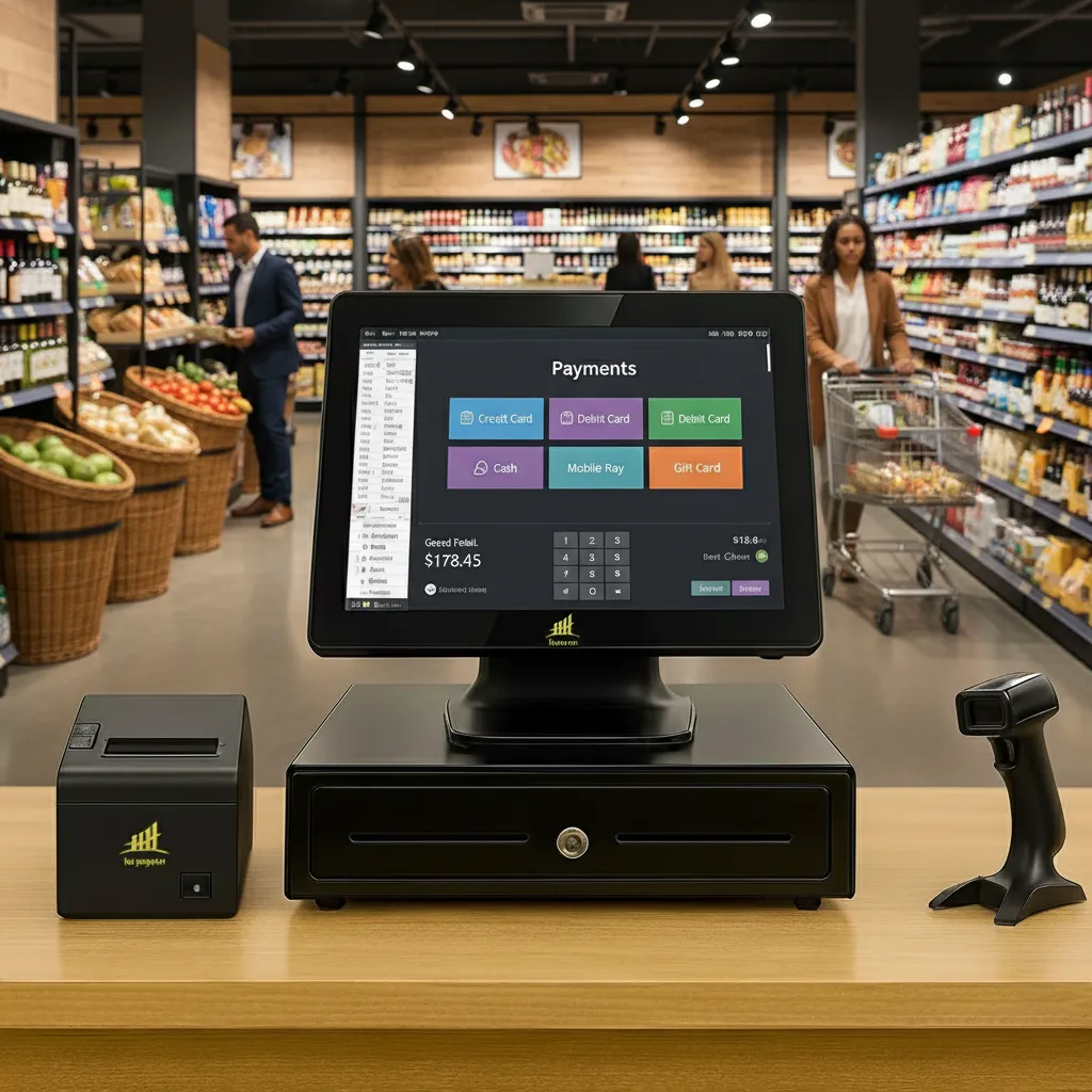 Modern POS system setup in a Bridgeport grocery store with digital payment options and customers shopping in the background.