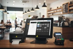 Modern POS system with touchscreen, receipt printer, and card reader on a café counter, ready for customer transactions