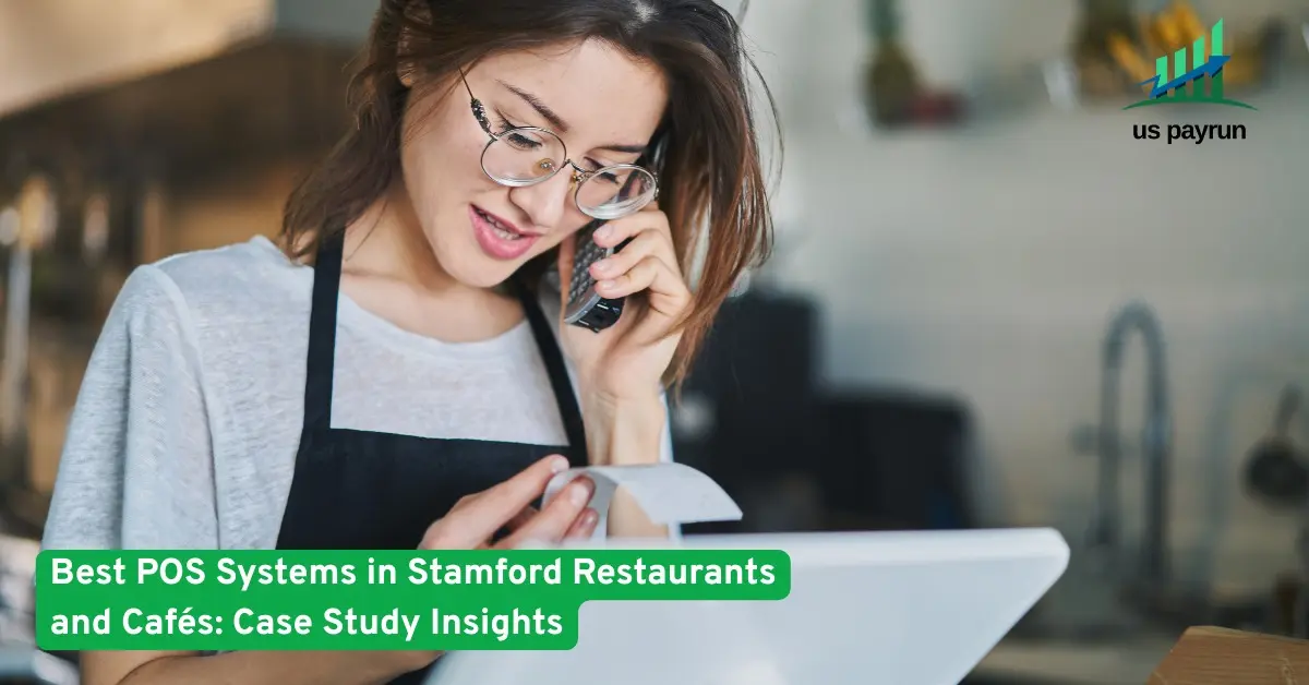 Restaurant staff using a POS system while managing customer orders, showing efficient POS use in Stamford cafes and restaurants.
