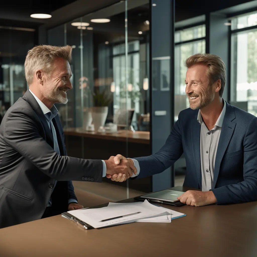 Two businessmen smiling and shaking hands in a modern office, symbolizing partnership and successful collaboration