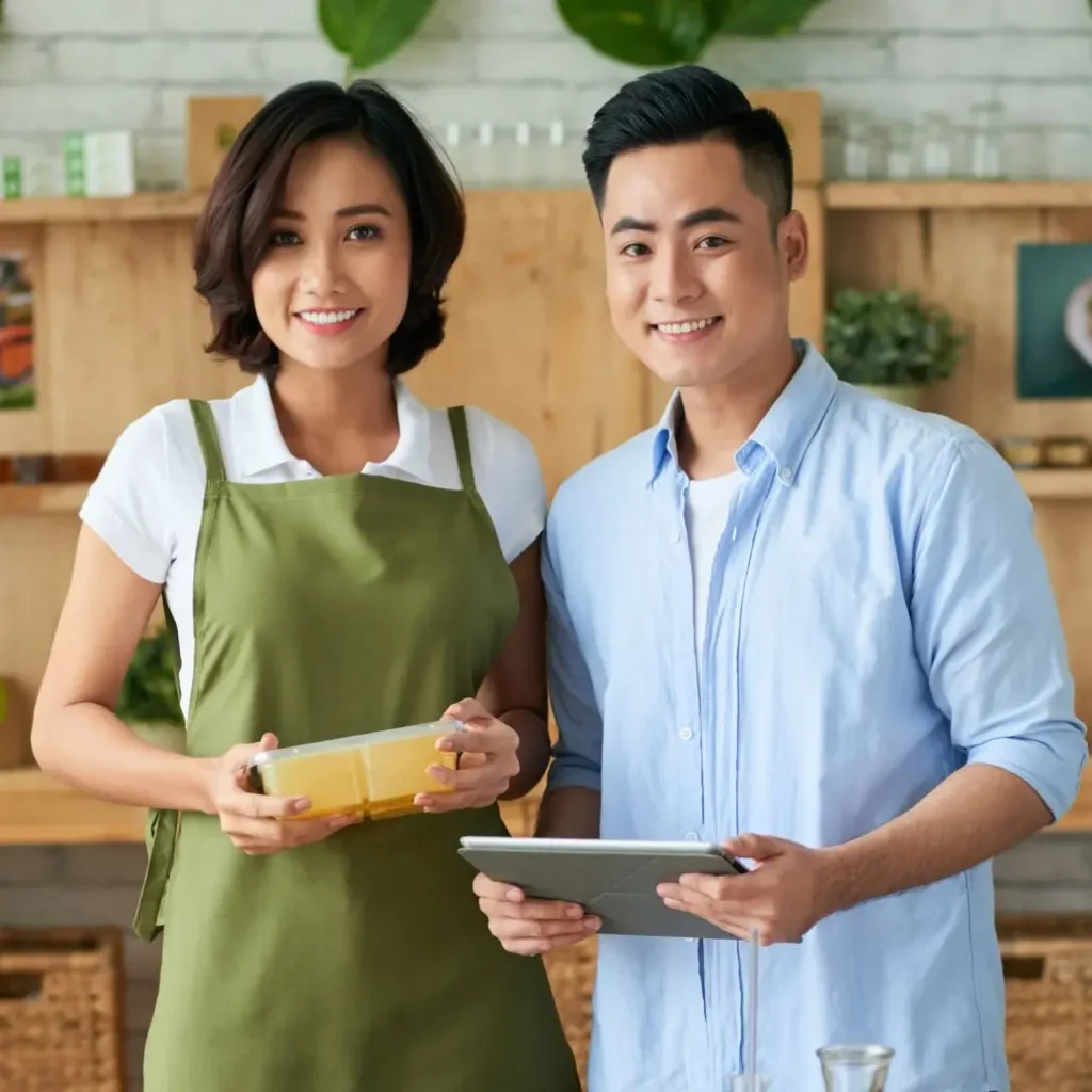 Smiling small business owners standing together in a cozy shop, one holding a container and the other using a digital tablet