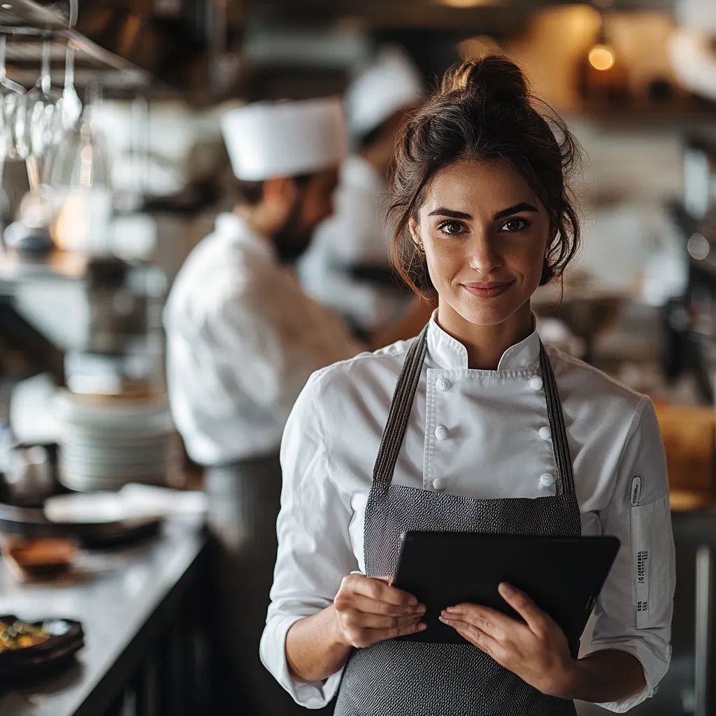 Female chef using a digital tablet to manage restaurant operations with Connecticut POS system.