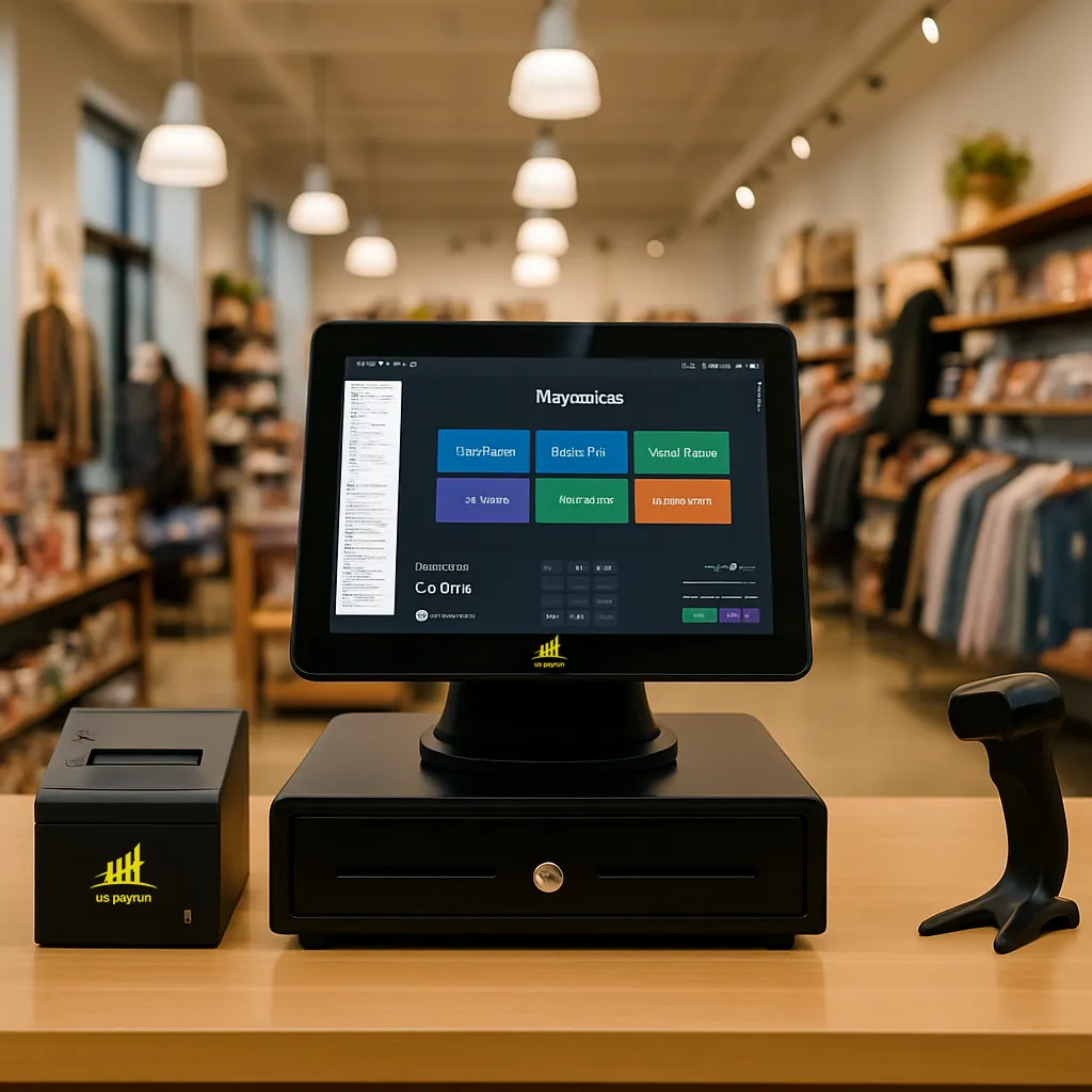 Connecticut retail POS system setup by US Payrun with touchscreen display, barcode scanner, and receipt printer in a clothing store.