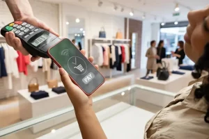 Customer making a contactless payment with a smartphone at a clothing store checkout counter using mobile pay technology
