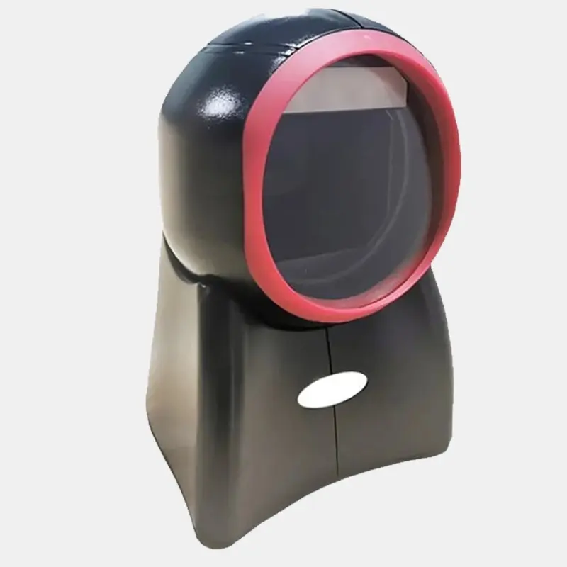 A black desktop 2D barcode scanner with a red circular frame around the scanning window, used for fast product code reading