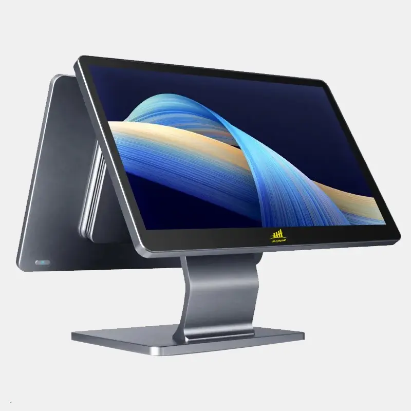 Modern dual-screen touch POS system with sleek metallic design and vibrant display for retail and restaurant use.