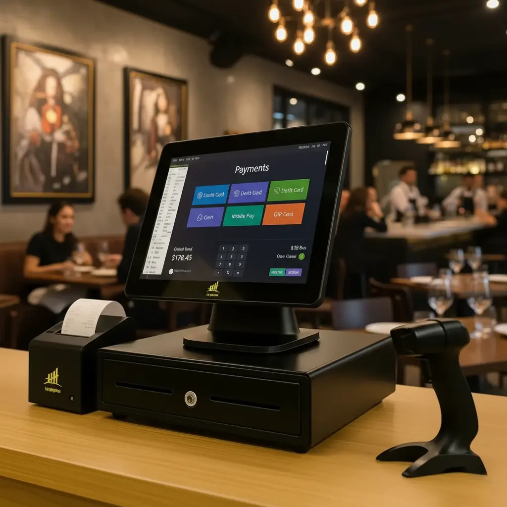 Modern restaurant with digital POS system on counter, showing payment options, and diners enjoying meals in background