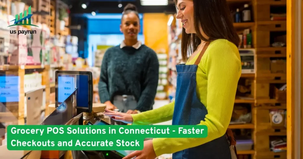Cashier using a POS system to process a customer’s purchase in a grocery store, showcasing efficient checkouts and inventory accuracy.