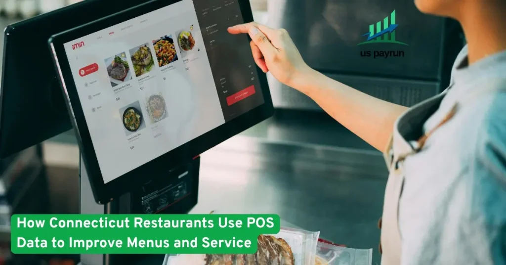 Restaurant employee using a POS touchscreen to manage menu items and improve service efficiency in Connecticut