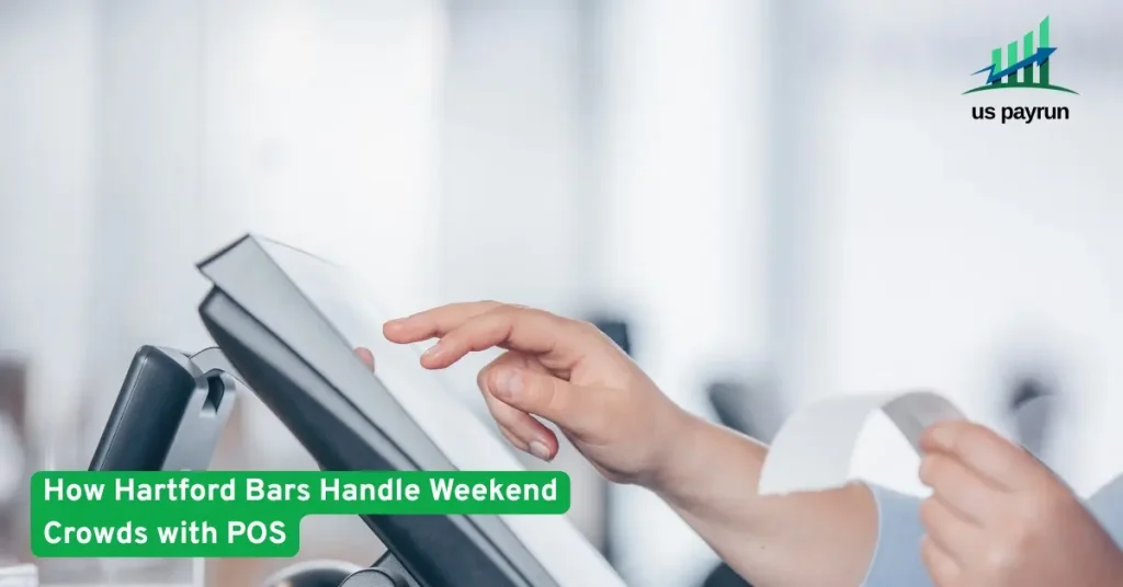 Bartender using a POS system to process customer orders efficiently, showing how Hartford bars manage weekend rush crowds with ease.
