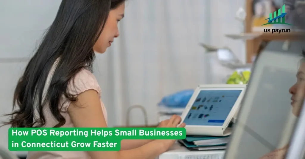 Woman reviewing POS reports on a tablet in a small business office, showcasing how POS systems help Connecticut businesses grow.