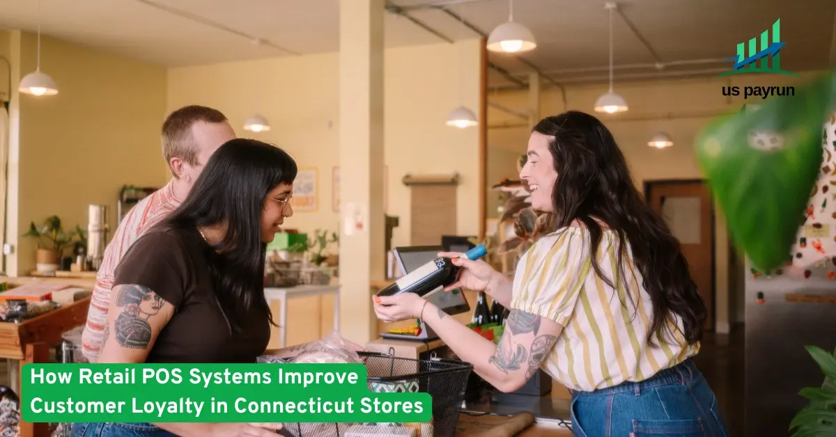 Smiling cashier scanning items for a happy customer at a Connecticut retail store using a modern POS system.