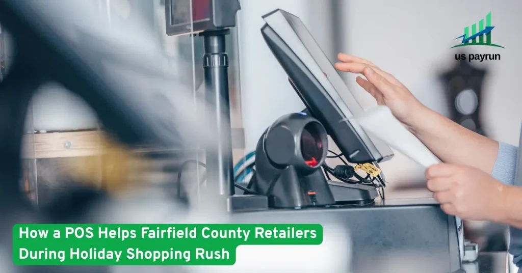 Close-up of a cashier using a modern POS system, showing how retailers manage sales efficiently during the holiday shopping rush