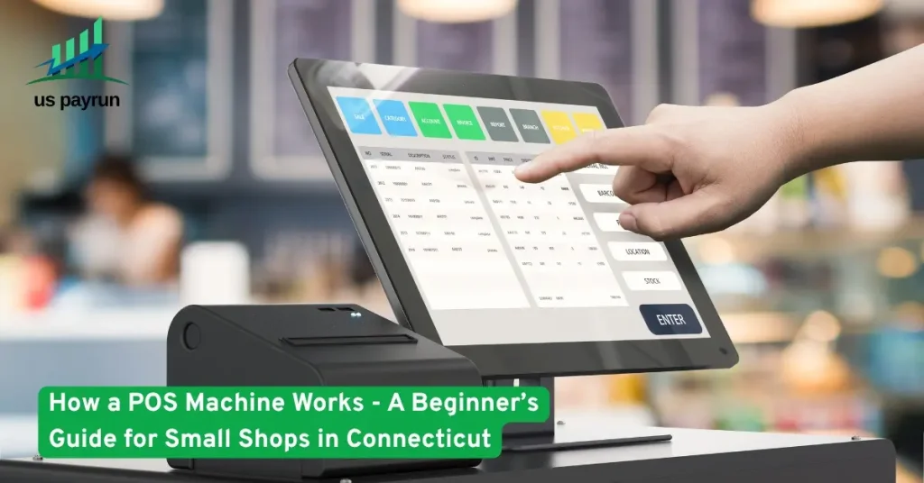 Person using a touchscreen POS machine in a small shop, showing how point-of-sale systems simplify billing and sales management