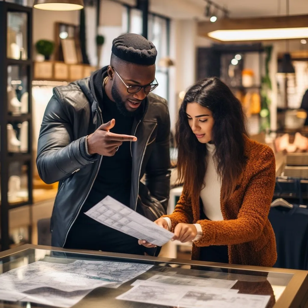 Two professionals discuss documents on a glass table in a modern office, reviewing plans or business strategies together