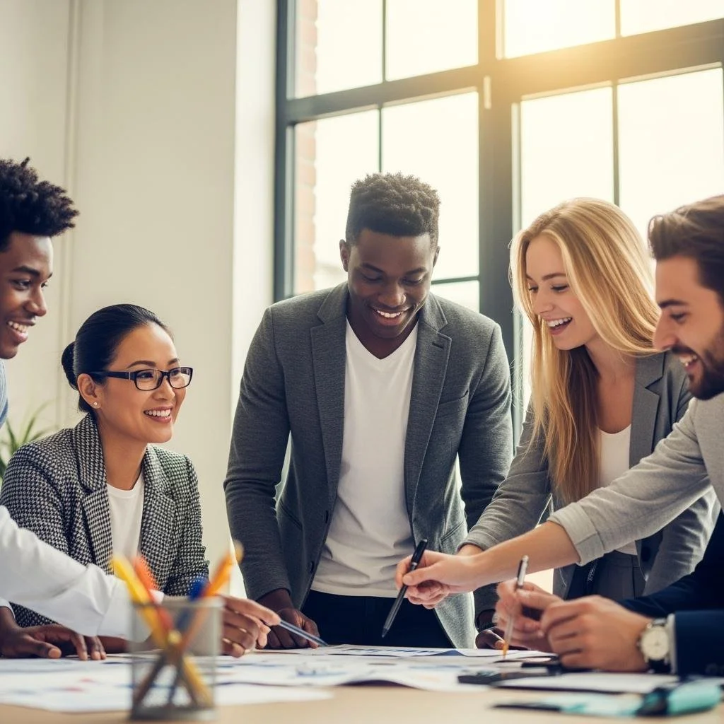A diverse group of professionals collaborating at a meeting table, smiling and discussing business plans in a bright office.