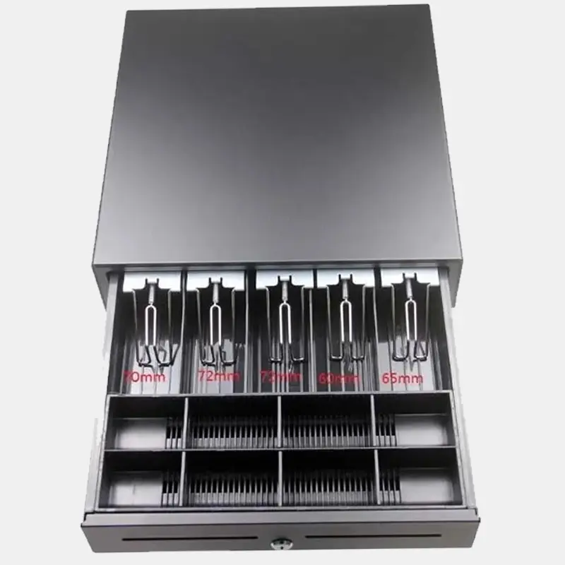 A compact black cash drawer with multiple compartments for bills and coins, labeled with slot widths, used in POS systems