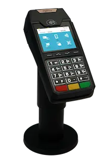 A black payment terminal on a stand with a touchscreen and keypad, displaying contactless and card payment options.
