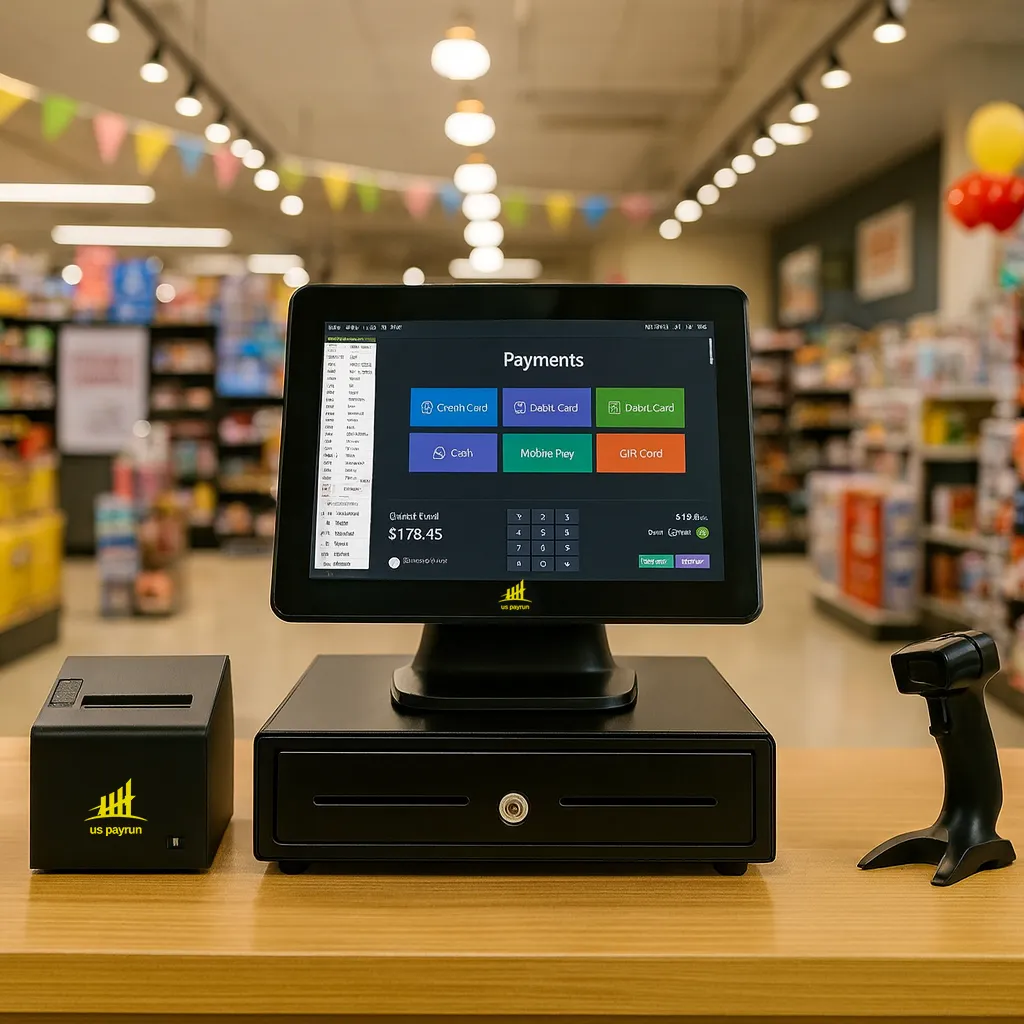 Modern POS system setup on a retail store counter with touchscreen display, barcode scanner, and receipt printer in connecticut