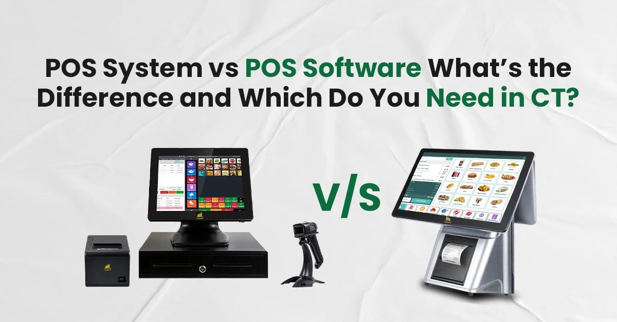 POS System vs POS Software comparison showing two touchscreen terminals with accessories, highlighting differences for Connecticut businesses.