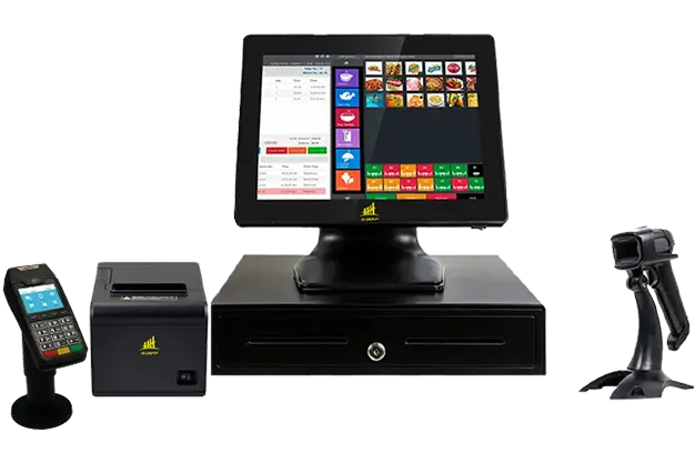 POS hardware setup with touchscreen terminal, cash drawer, receipt printer, and barcode scanner for fast, reliable restaurant service