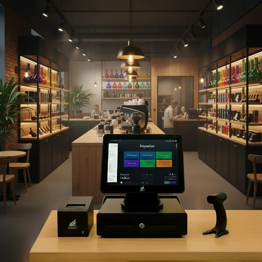 Modern cafe with digital POS system on counter, surrounded by warm lighting, shelves of products, and baristas at work