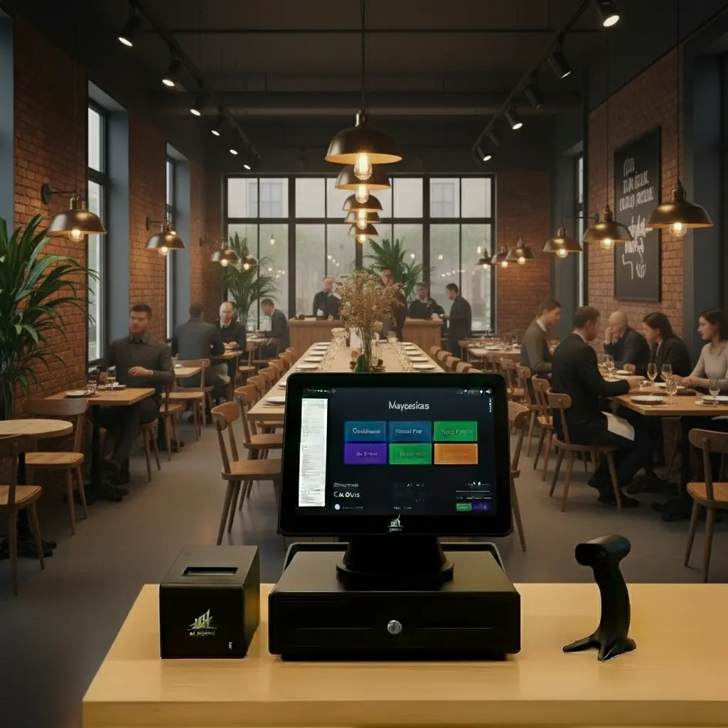 Modern POS system on a counter in a stylish restaurant with customers dining and enjoying meals in a warm, inviting atmosphere