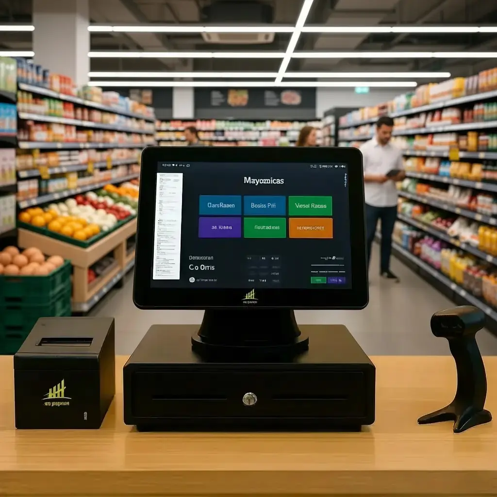 Modern POS system at a grocery store checkout counter with product aisles and customers shopping in the background.