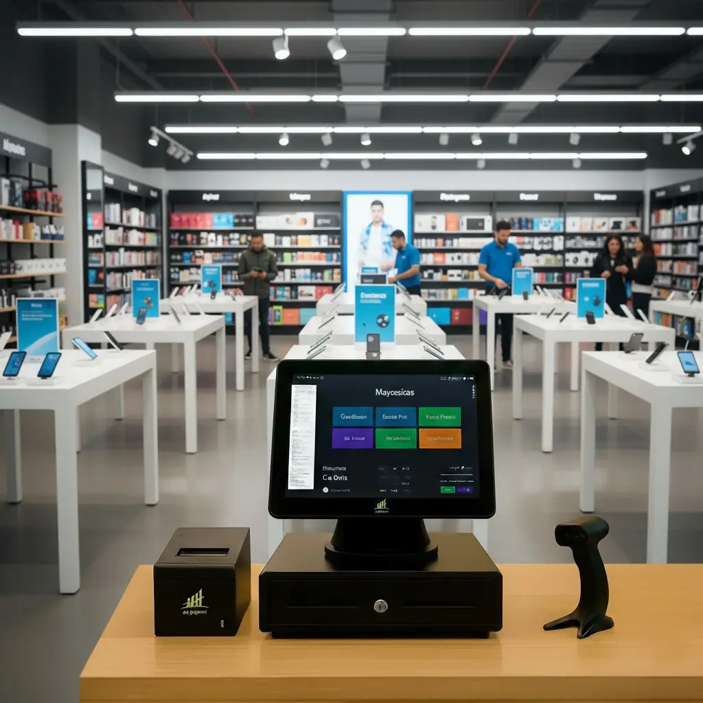 Modern electronics store with POS system on counter and staff assisting customers among displayed devices.