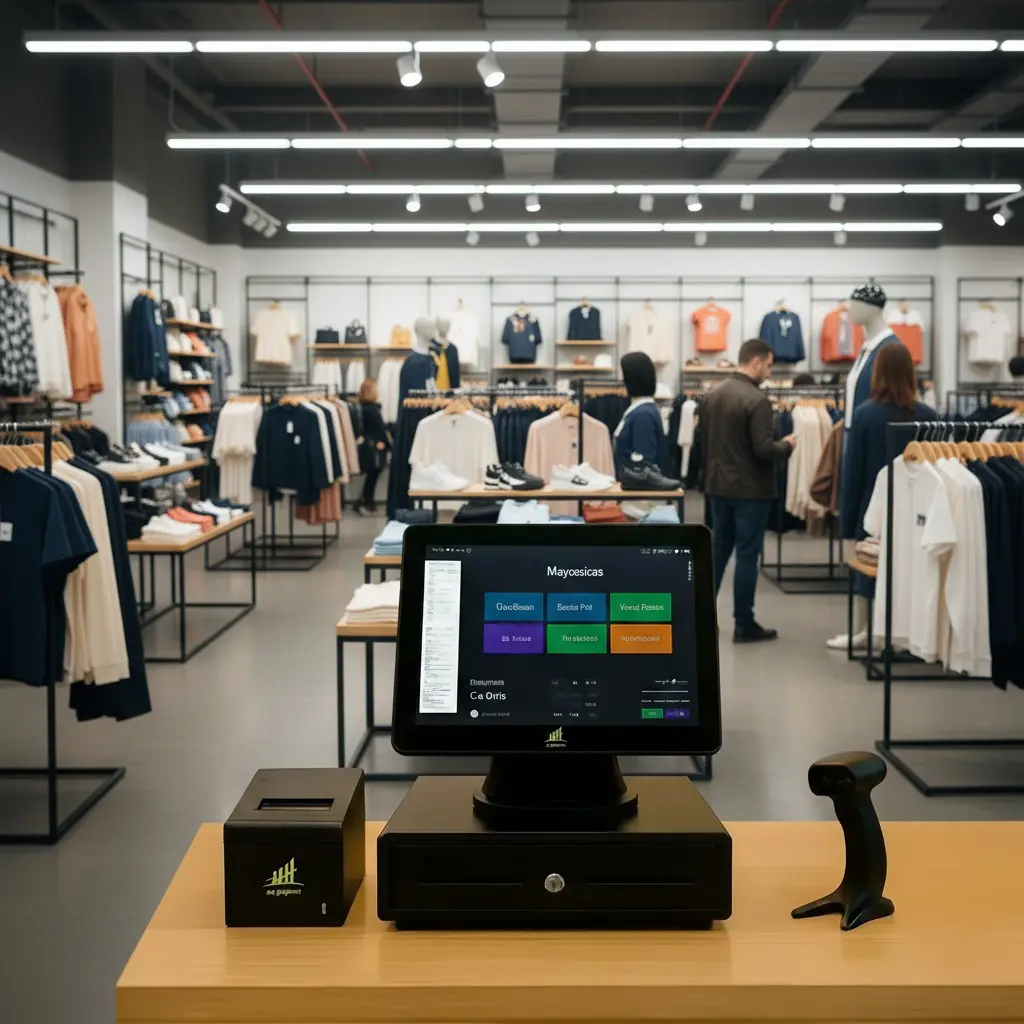 Modern POS system on a counter in a stylish clothing store with customers browsing apparel in the background