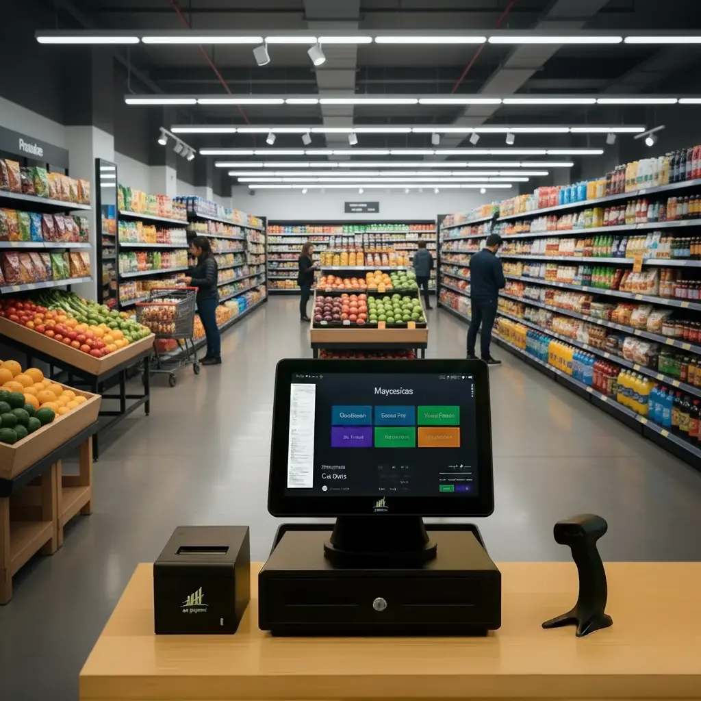 Modern grocery store with POS system at checkout counter, showing digital sales screen and customers shopping in aisles.