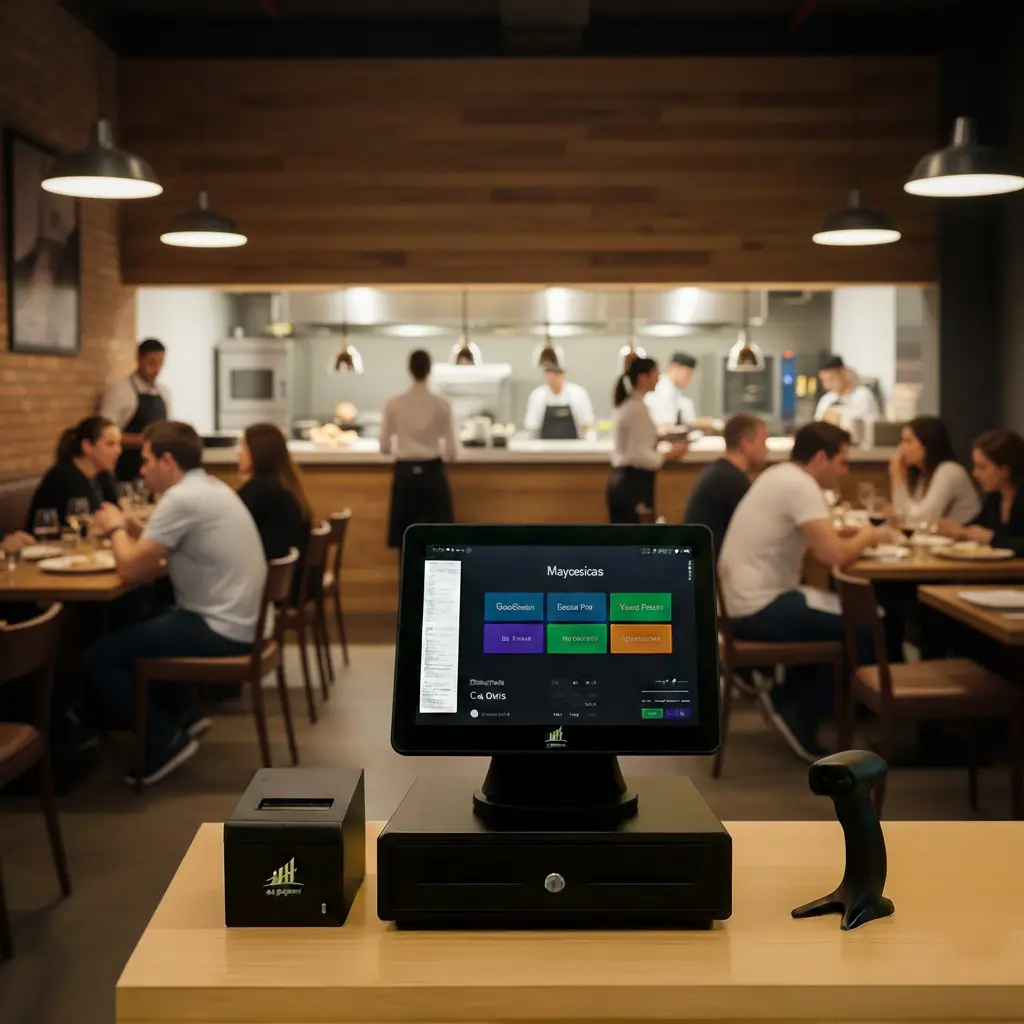 A modern restaurant using a US Payrun POS system at the counter, with customers dining and staff working in the open kitchen.