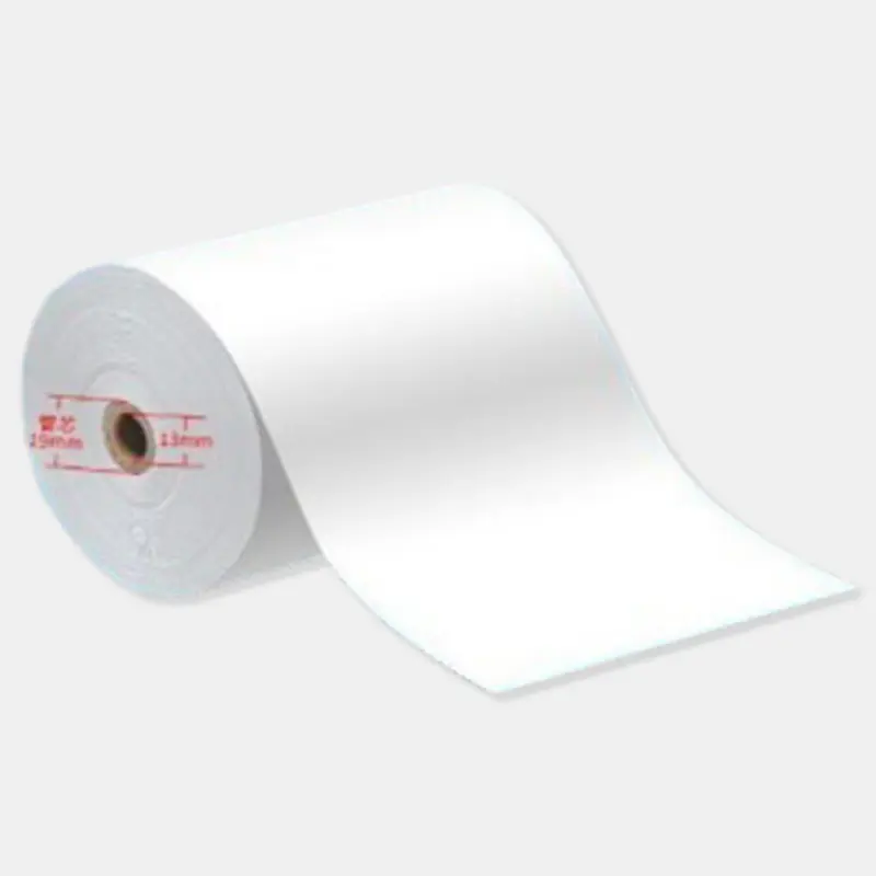 White thermal paper roll with visible dimensions marked near the core, used for receipts and printing on a light gray background
