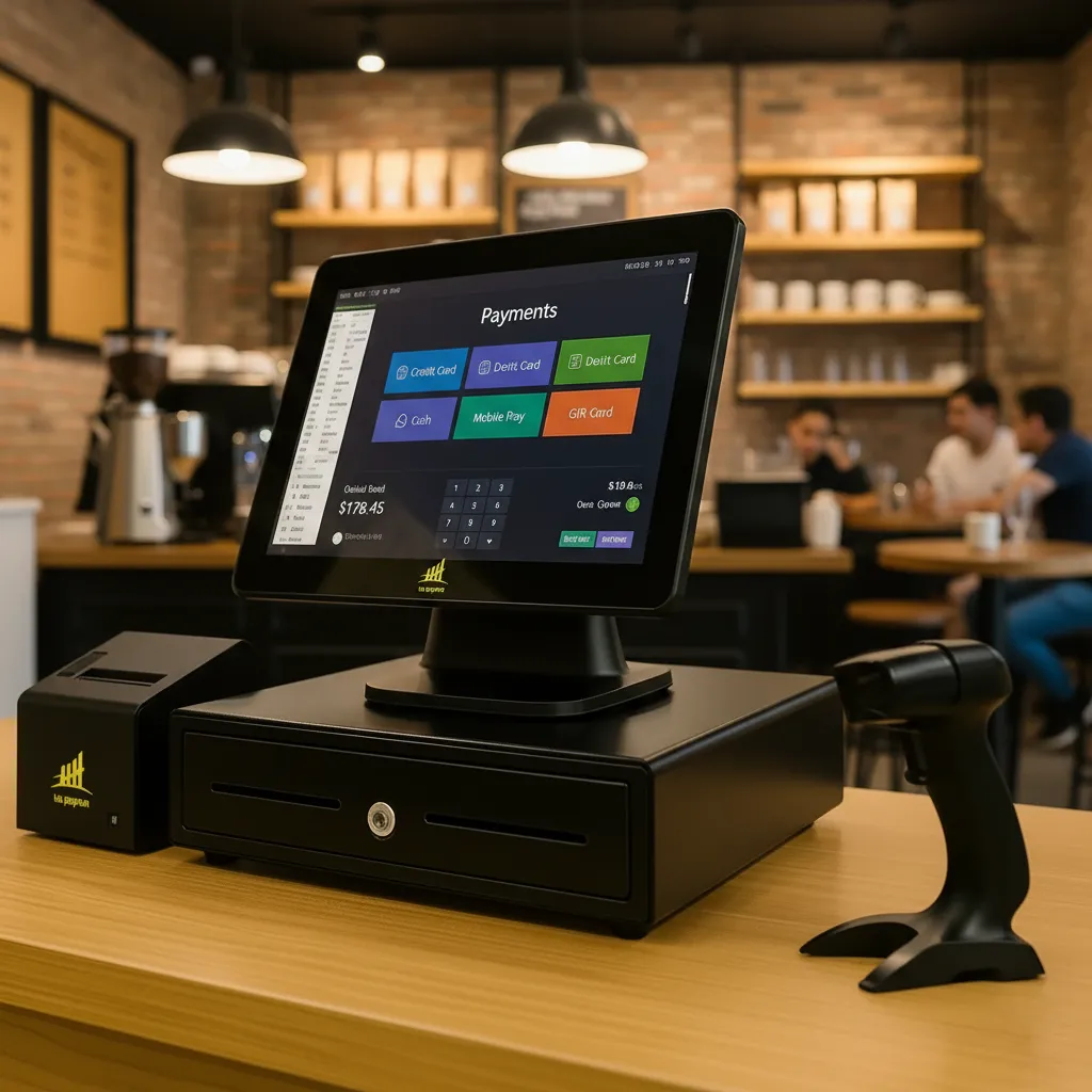 Modern POS terminal in a café showing multiple payment options for seamless business transactions.