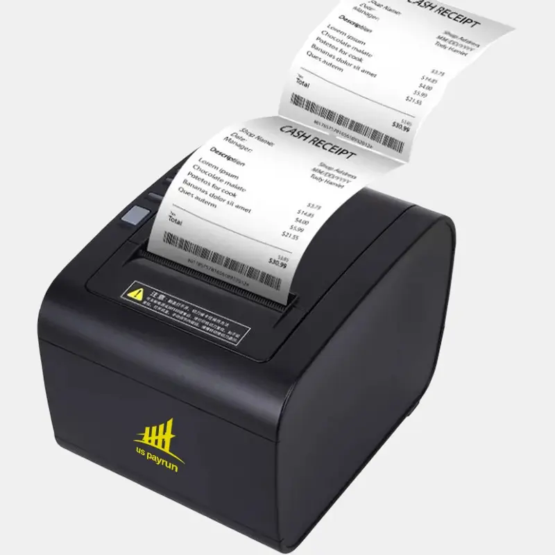 Black POS thermal receipt printer with paper feed slot printing cash receipts, designed for fast and reliable point-of-sale use