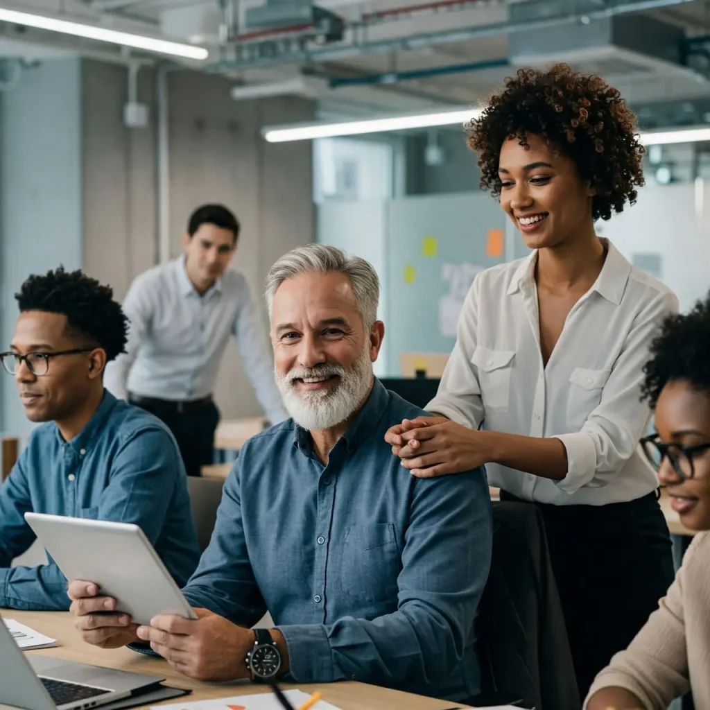 Smiling business team collaborating in a modern office, showing teamwork and success during a meeting
