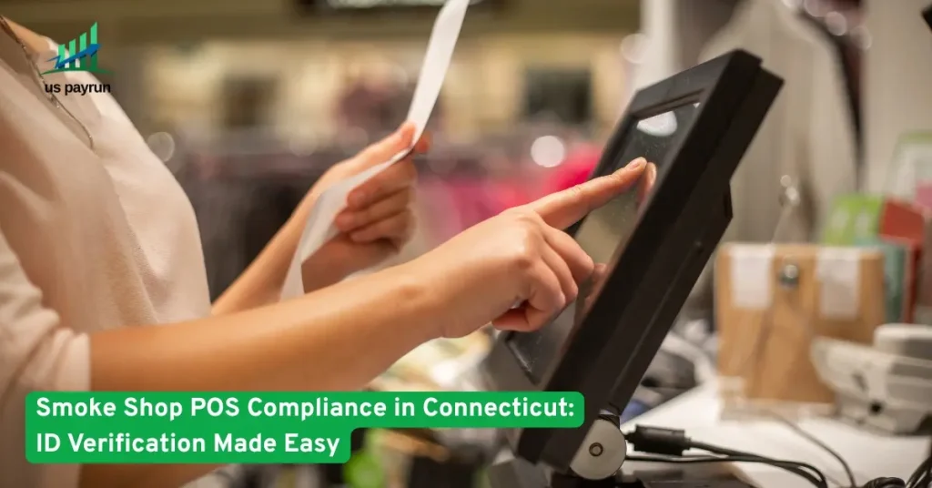 Smoke shop employee using POS system for ID verification in Connecticut.