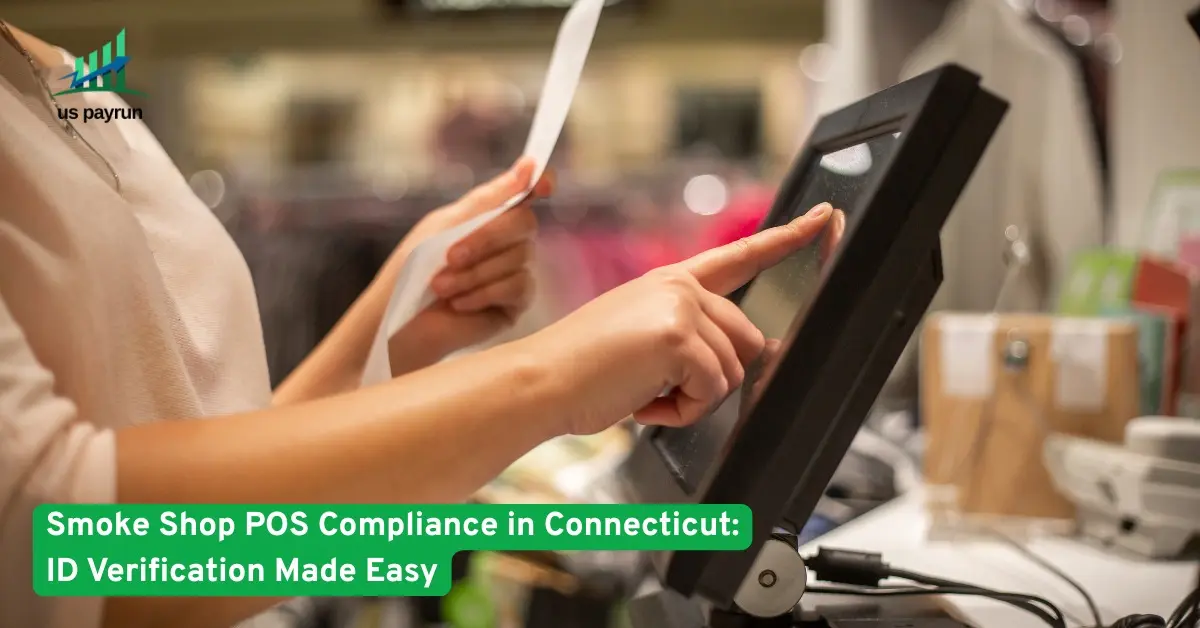 Smoke shop employee using POS system for ID verification in Connecticut.