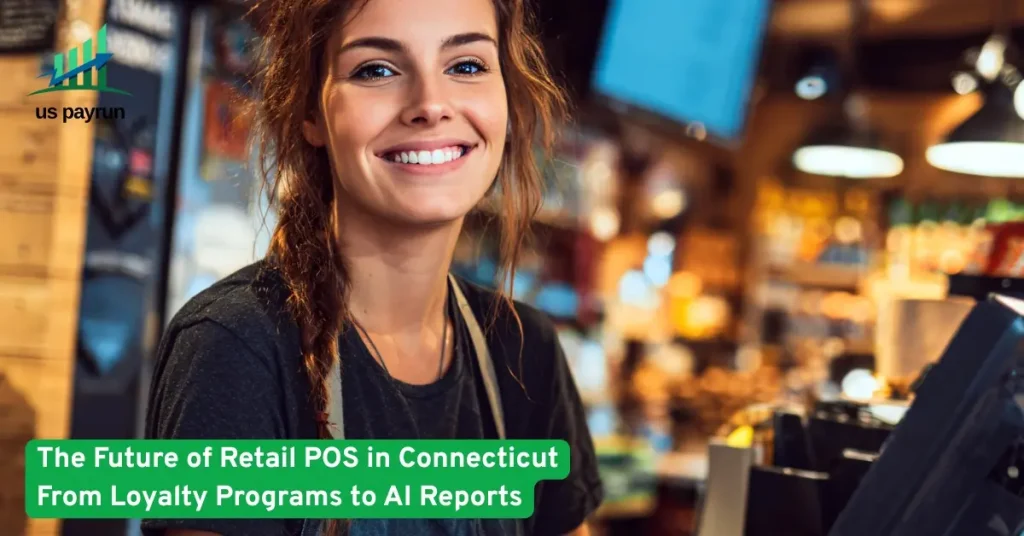 Smiling cashier at a modern retail counter in Connecticut, showcasing the future of POS systems with AI and loyalty tools