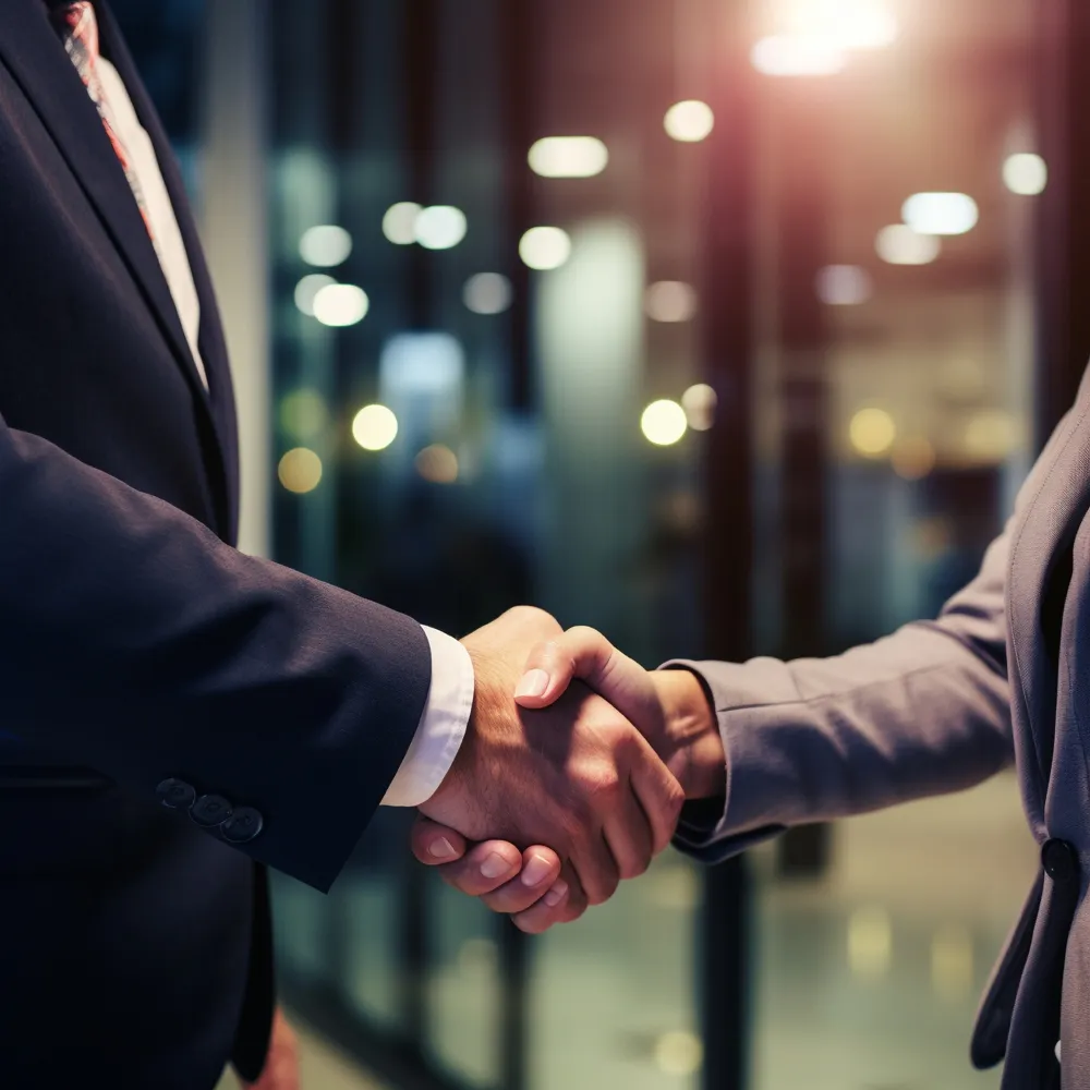 Business professionals shaking hands in a modern office, symbolizing trusted POS partnerships in Connecticut.