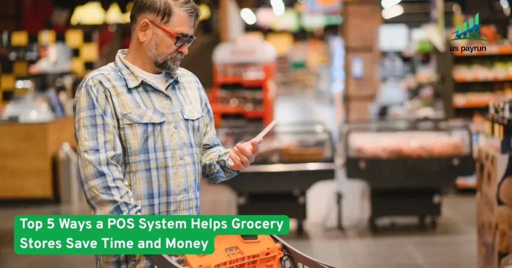 Man in a grocery store reviewing a receipt with a shopping cart, illustrating how POS systems help save time and money.