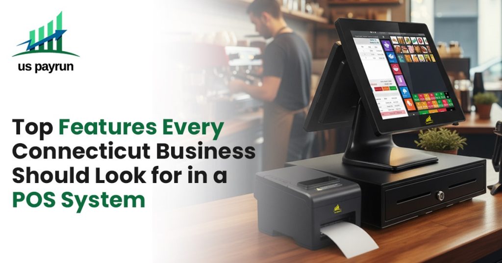 POS system setup in a Connecticut café showing modern touchscreen and printer, representing key POS features for small business owners.