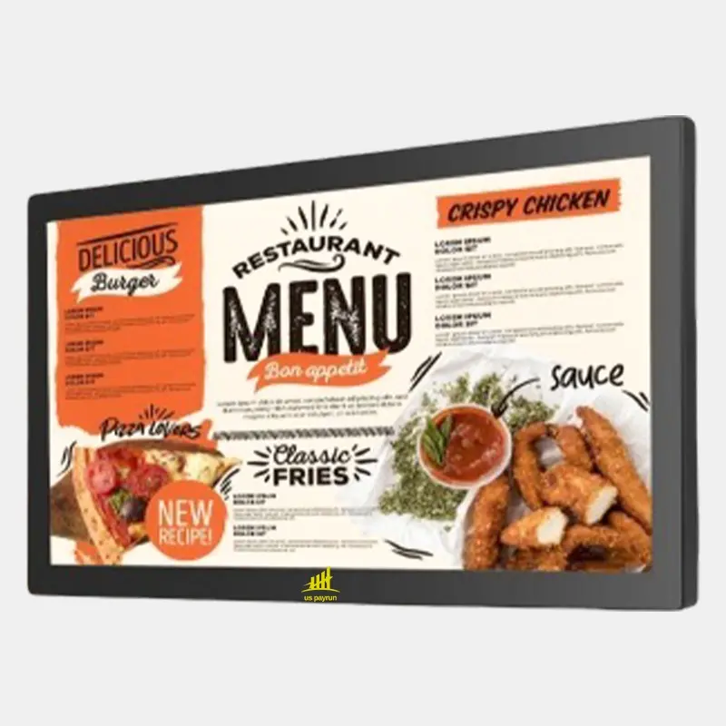 Digital restaurant menu display showing burgers, fries, and crispy chicken with bright graphics and modern touchscreen design