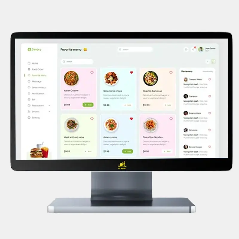 Touchscreen POS system displaying a digital restaurant menu interface with food ordering options and modern design